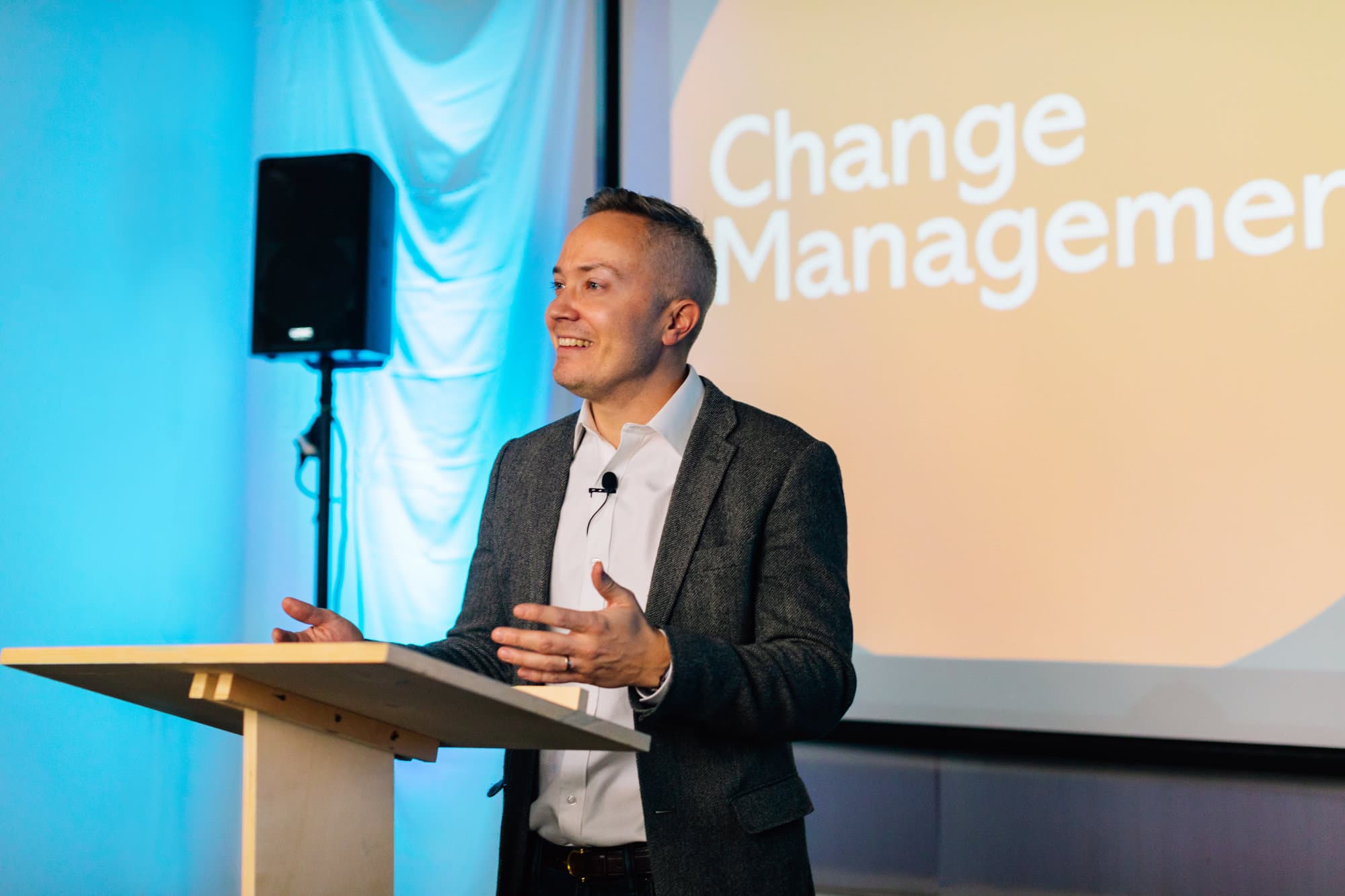 Caleb Gardner speaking on change management